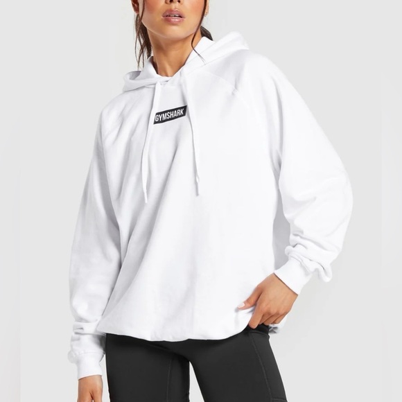 GYMSHARK White Hoodie Black Center Logo Unisex Size Medium Sporty Activewear - Picture 2 of 11